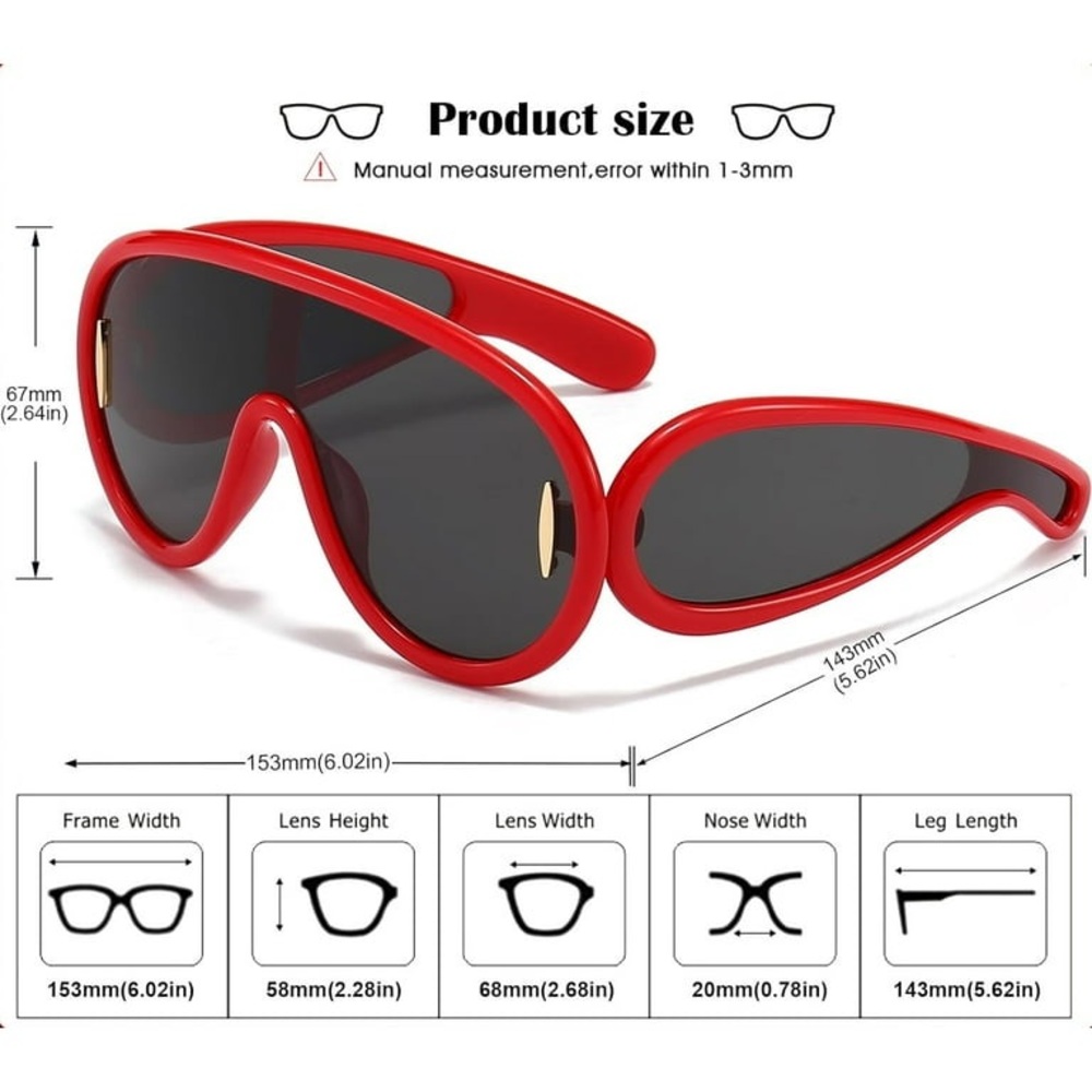 Retro Red Oval Mirror Oversized Wave Aviator Leowe Sun Glasses Wave Mask Sunnies - Picture 3 of 3